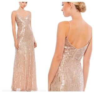 Mac Duggal Champagne Gold Cream Silver Sequin Beaded Long Maxi Gown Dress